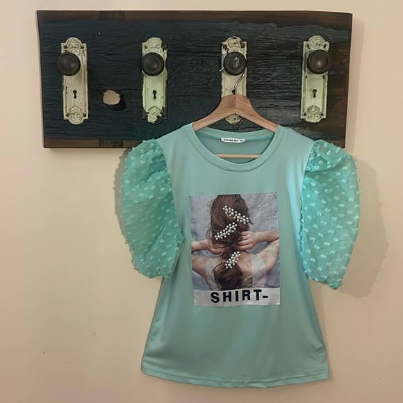 Miss Mia Mia Mint Green Balloon Sleeve Spandex T-shirt Top Size Medium - Picture 5 of 16